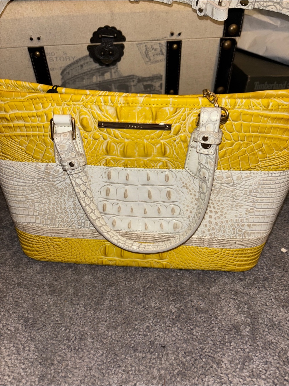 Brahmin Croc-Embossed Yellow & White Tote Bag